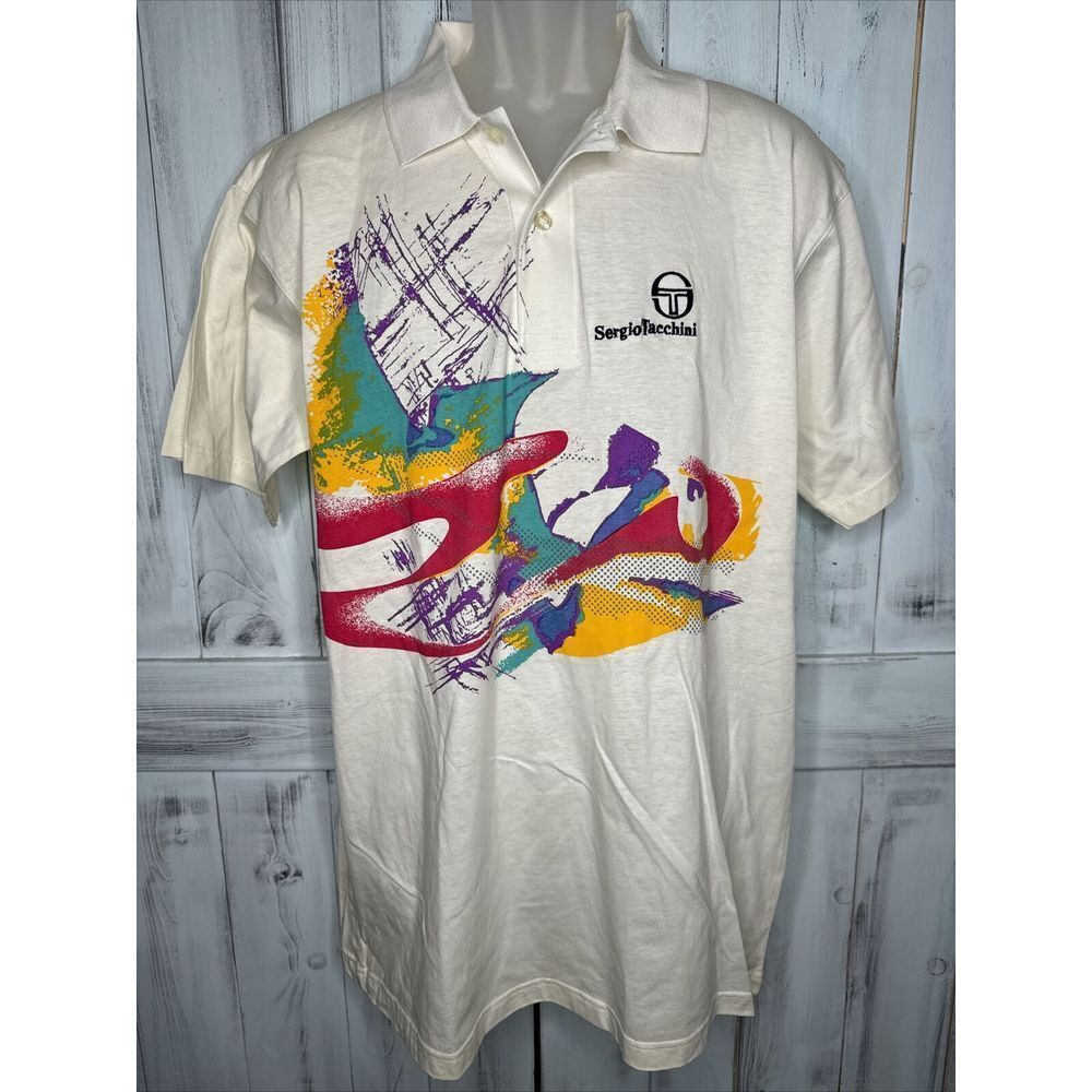 NWT Vintage Sergio Tacchini Mens Polo Shirt Large 100% Cotton Korea Tennis Logo‎